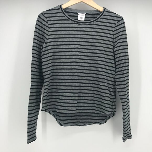Cabi 3809 Womens Pivot Striped Tee Small Jersey Knit Black Gray Long Sleeve Crew - Picture 1 of 8